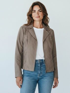 Studio Works Petite Taupe Faux Suede Snake Print Zip Jacket Blazer